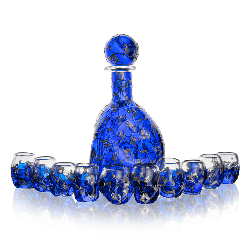 Set of decanter and 10 shot glasses David Roytman
