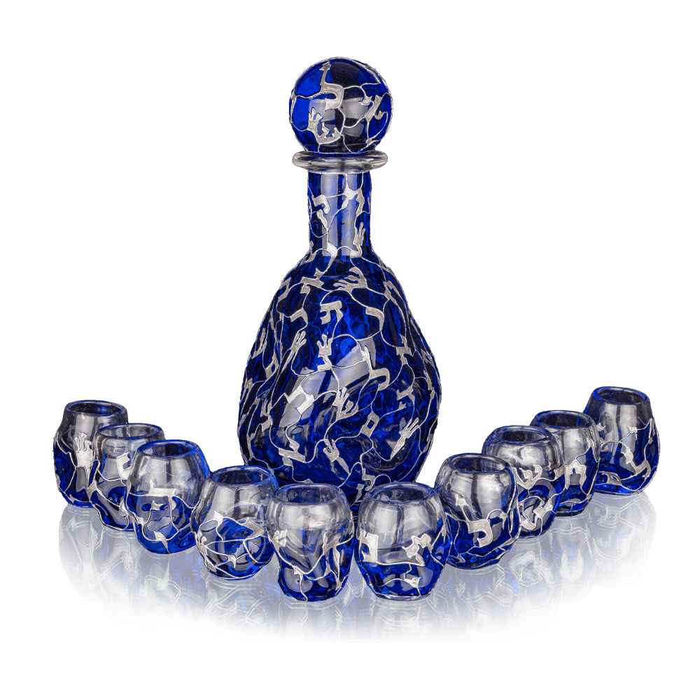 Set of decanter and 10 shot glasses David Roytman